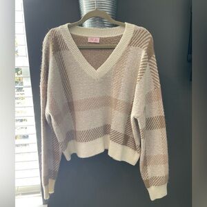 Pink Lily Plaid V-Neck Sweater - Cream and Tan